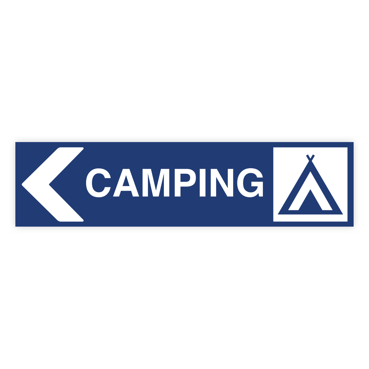 Camping pil vänster-skylten har storleken 1000x250mm och tillverkas i materialet Aluminium 2mm. Denna standardskylt kan anpassas så att du kan skapa din egen version av skylten.